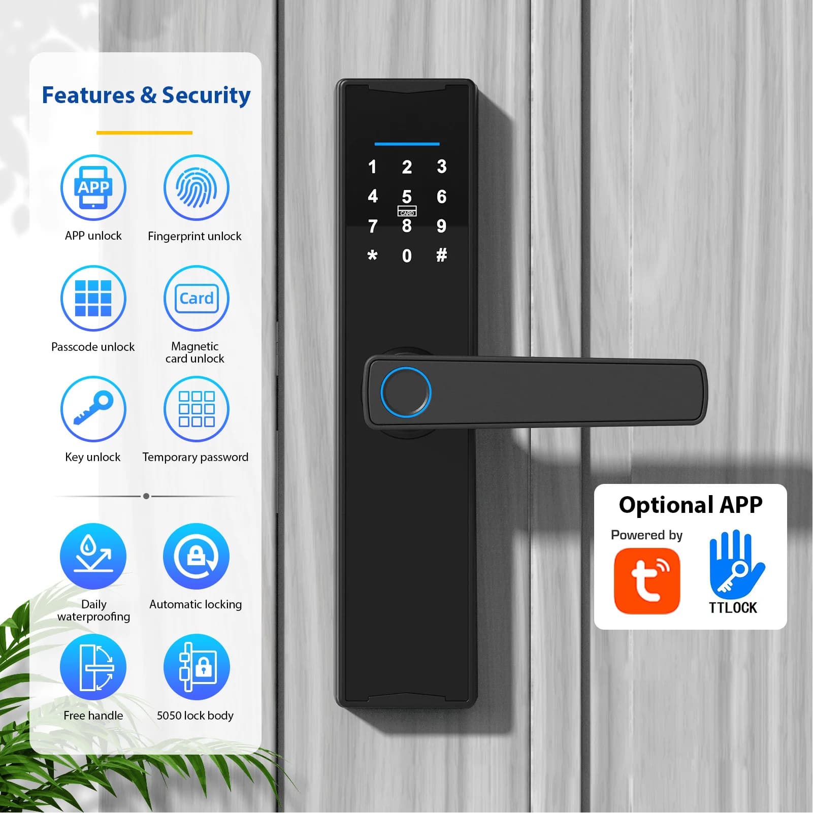 WiFi Smart Lock Serratura per porta d'ingresso senza chiave TY APP/impronta digitale/password/scheda/chiave meccanica 5 metodi di sblocco Touchscreen per la casa