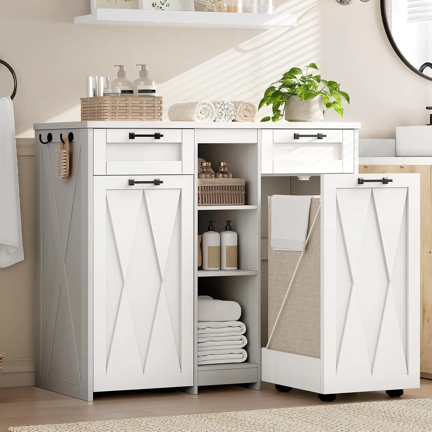 Laundry Hamper Cabinet, Removable Laundry Baskets on Wheels, Wooden Hidden Trash Can Cabinet with 2 Drawers, Customized