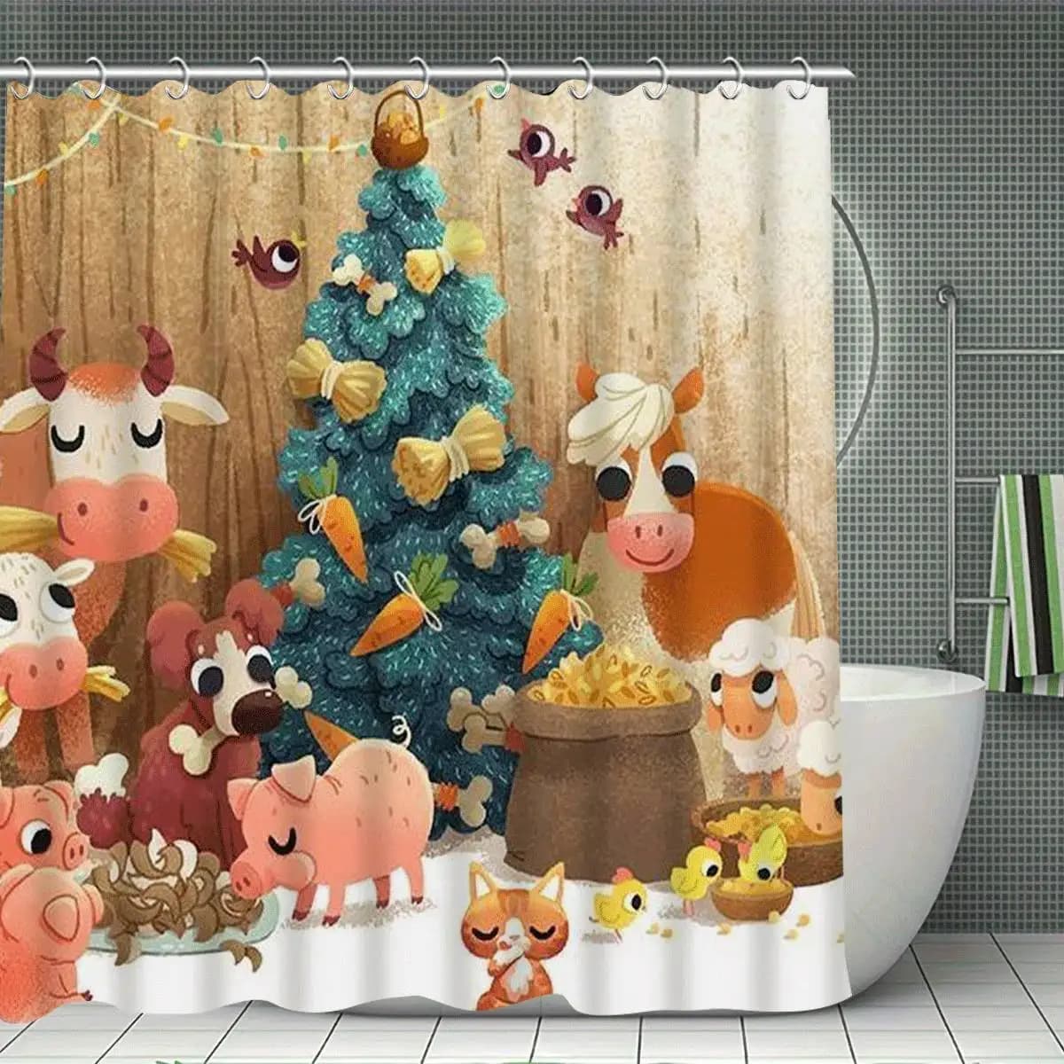 Natale Buon Natale 4 pezzi Set di tende da doccia con decorazione invernale con 12 ganci, tenda da doccia impermeabile, vasca da bagno antiscivolo Ma
