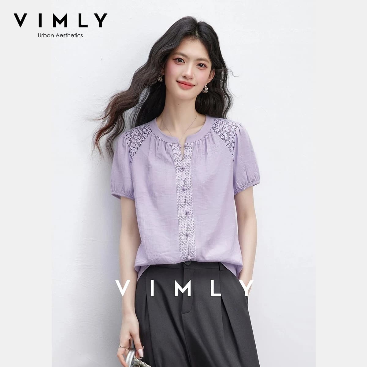 VIMLY Women's Vacation Shirt 2026 Summer Light Purple Crew Neck Hollow Out Lace Patch Straight Puff Short Sleeve Blouse A6568