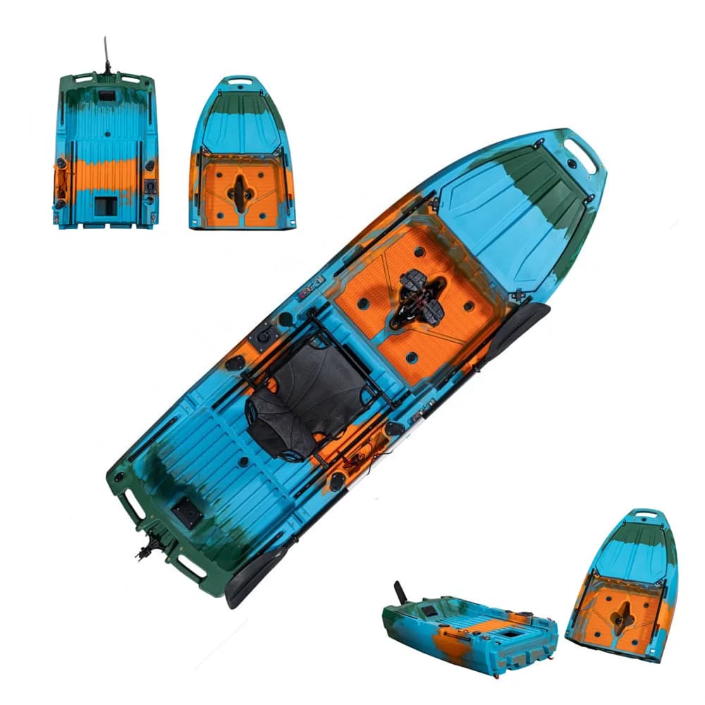 Nuovo arrivo 2 pezzi monoposto seduto su top flap pinna pedale barca da pesca kayak con ruote e sedia pagaia per acqua dell'oceano
