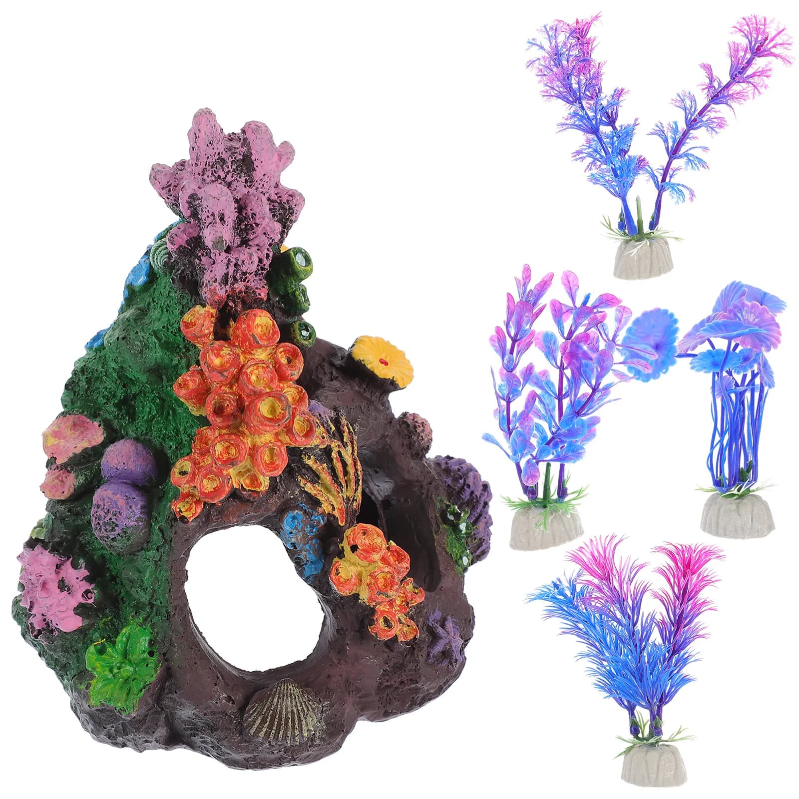 Set di 5 Decorazioni Artificiali per Barriera Corallina e Piante per Grandi Acquari, Accessori Resistenti all'Usura per Acquario