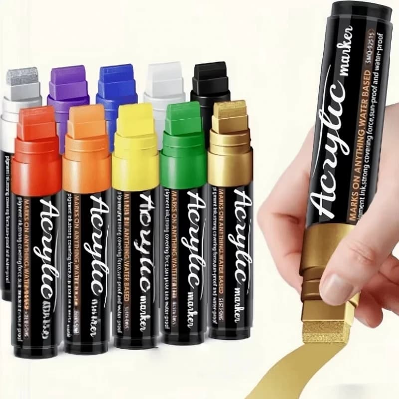 Giant Poster Markers, 15mm Wide Tip, Acrylic Paint Markers, Suitable for Posters, Glass, Rock Art, Wood, Cars, Ceramics, Fabrics, Available in Gold, Silver, Black, White, Red, Green, Blue, Orange, and Purple