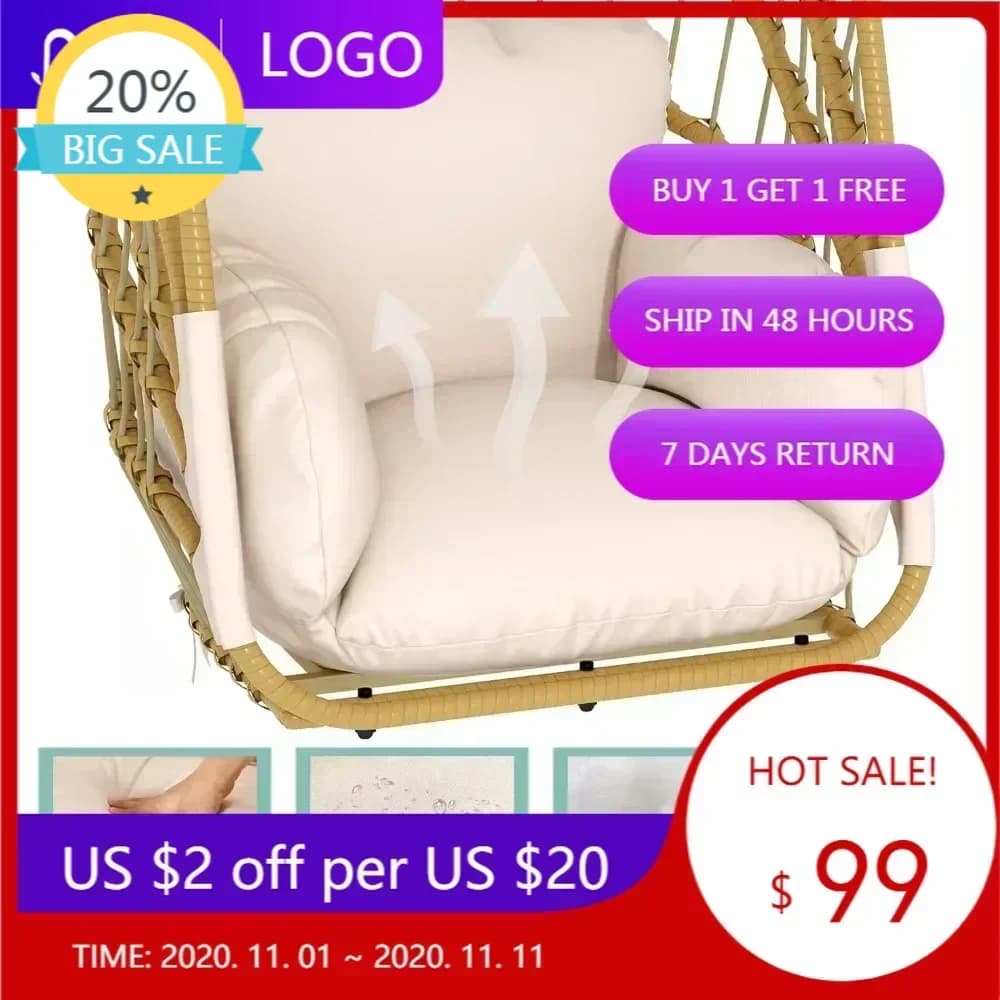 Bestseller: Hanging pendulum chair in rattan wickers with support and cushion, load capacity 370 pounds, folding rocking chair for relaxation