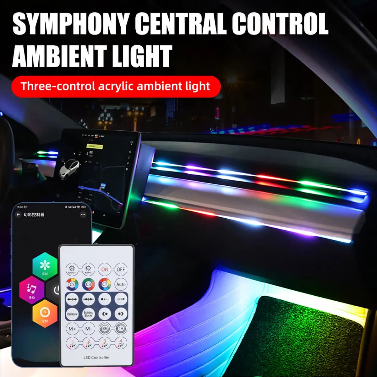 Lampada LED RGB Universale per Interni Auto 110/140cm, Luce Ambiente Sinfonica con Controllo USB e App Remota, Striscia Luminosa per Accendisigari