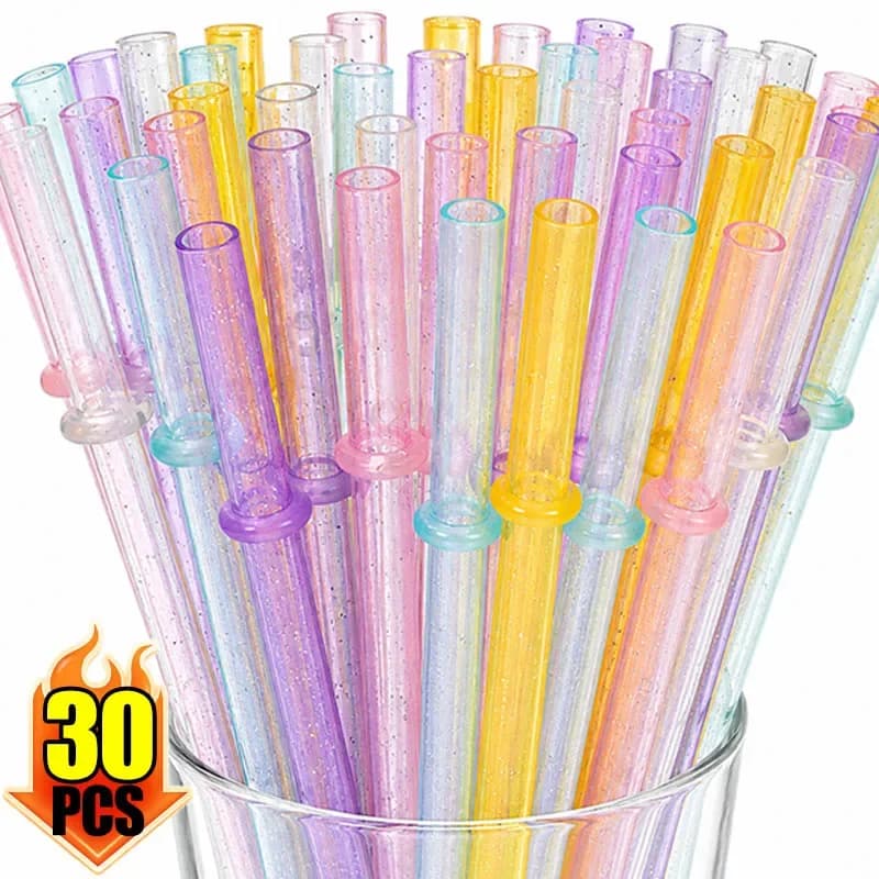 30/6PCS Hard Straw Reusable Drinking Plastic Straws with Buckle Anti Stripping Ribbon Straw Water Bottle Cup Tumbler Accessories