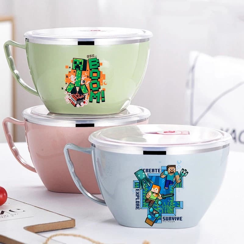Contenitore termico per alimenti in acciaio inossidabile Minecrafted con manico, ciotola per zuppa, ciotola per noodle istantanei, ciotola per mescolare, idea regalo