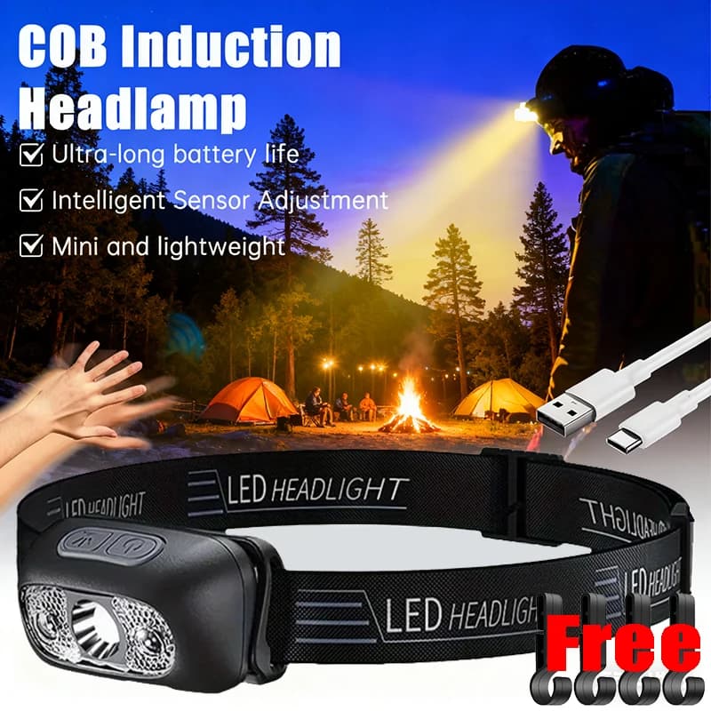 Front Lamp for Strong Light Front Lamp with Portable LED Sensor USB-C Rechargeable Front Flashlight Emergency Lantern for Outdoor Camping Fishing