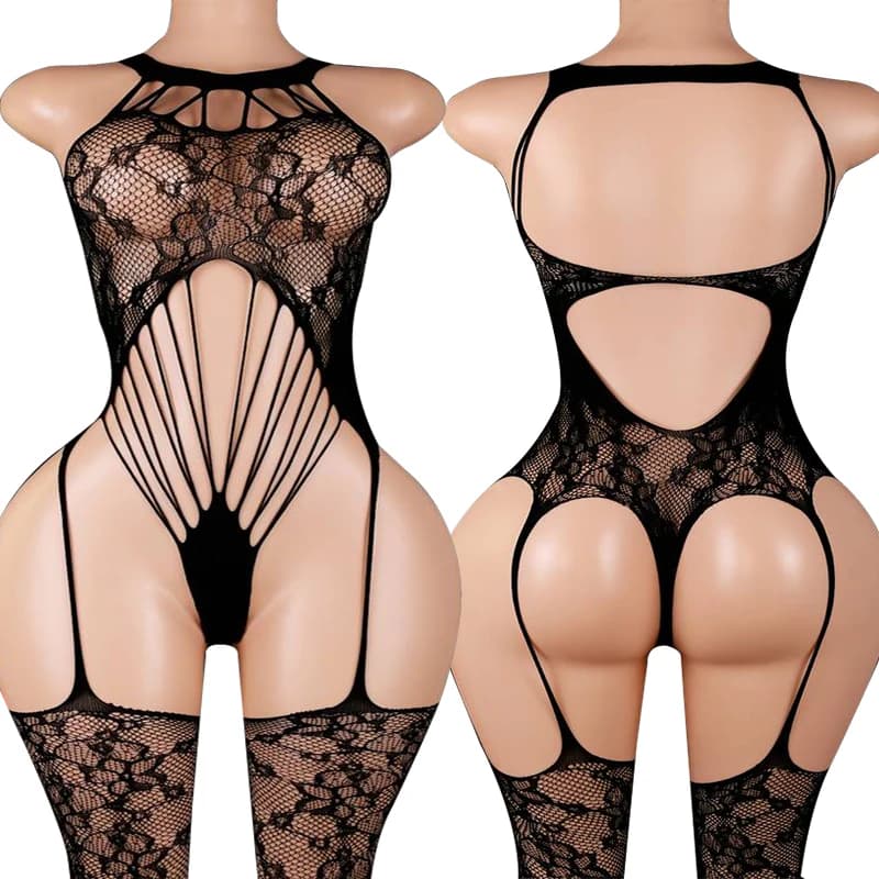 2026 New Hollow Out Sexy Leopard Print Hanging Neck Jumpsuit Design Charming And Tempting See Through Strap Hanging Socks