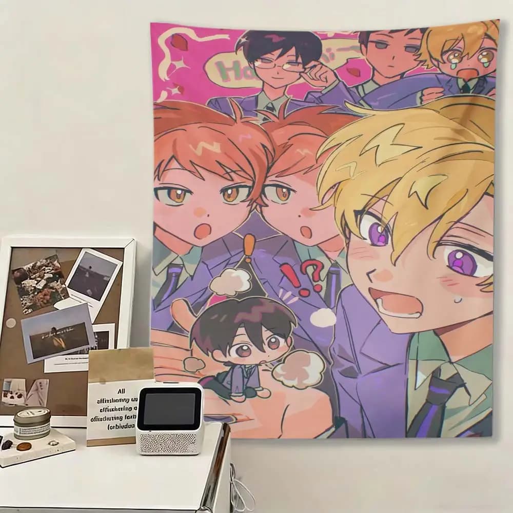 Ouran High School Host Club Tapestry, Anime Boys Group Wall Hanging, Pink Aesthetic Decor for Bedroom Dorm