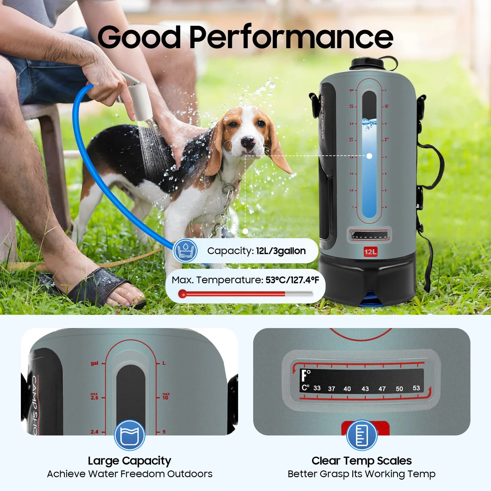 Camping shower Solar shower Garden shower with pump 3 gallons, 12 L, shower head Shower bag with portable and removable hose
