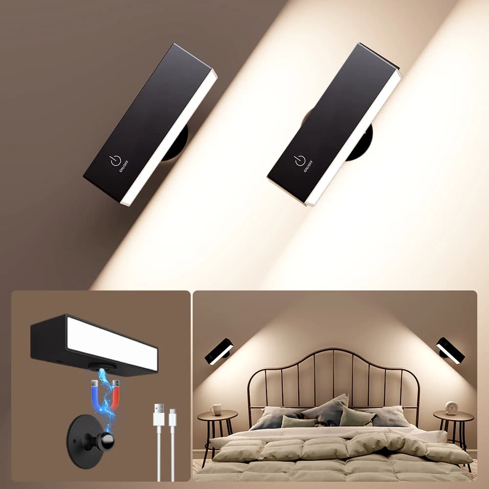 Applique da parete moderne ricaricabili Lampada da comodino per montaggio a parete alimentata a batteria Carica USB rimovibile 360 ° Ruota luci da parete magnetiche