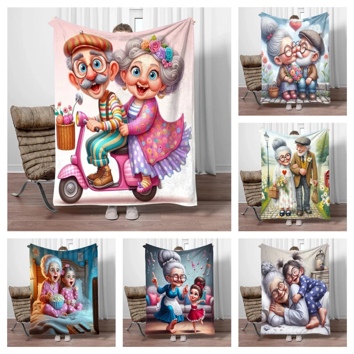 Coperta in flanella con disegno di nonni, morbida e calda, ideale per divano, letto, ufficio, campeggio, viaggi e come regalo.