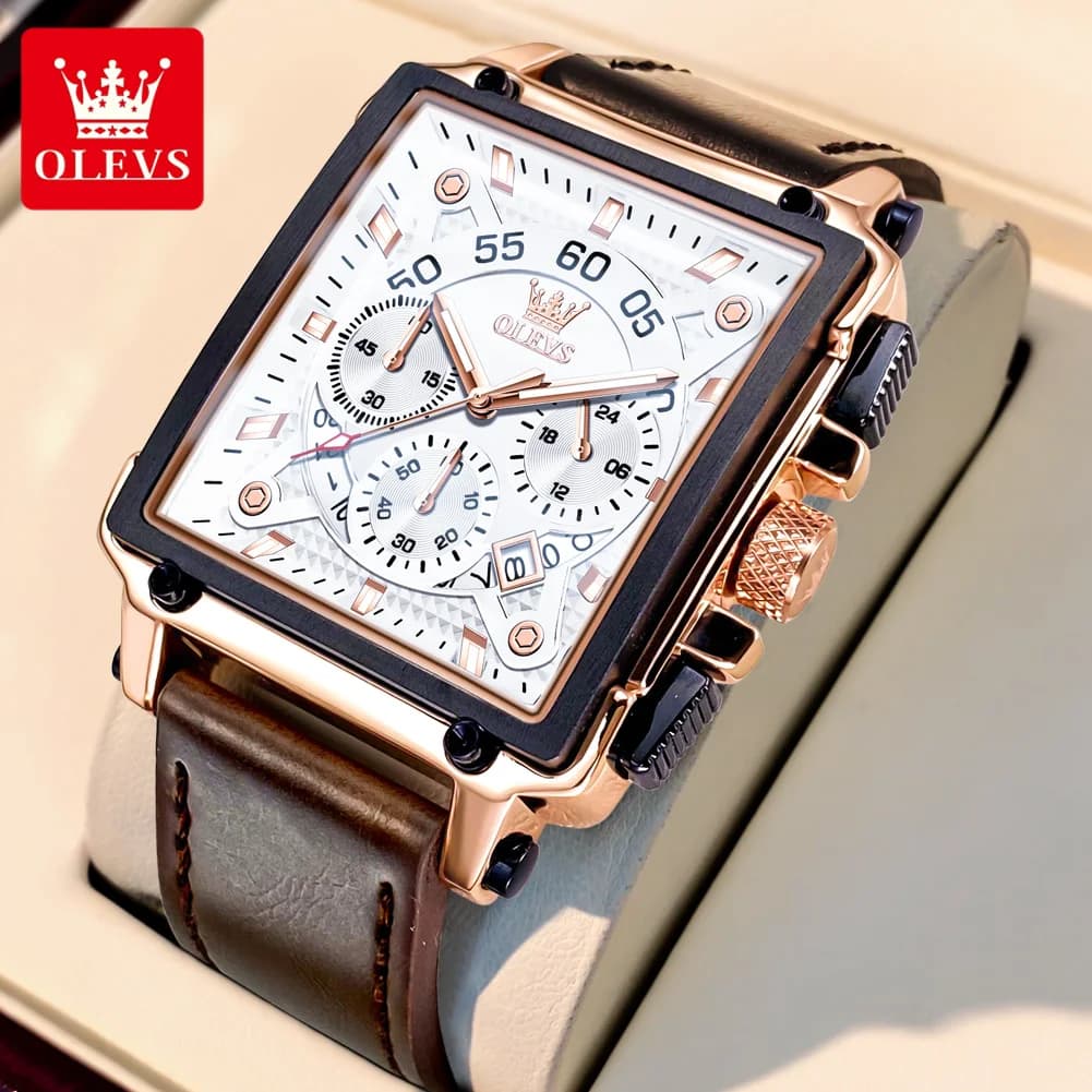 OLEVS Luxury Fashion Men's Watches Leather Strap Quartz Square Wrist Watch Original For Men Chronograph With Waterproof Light Date