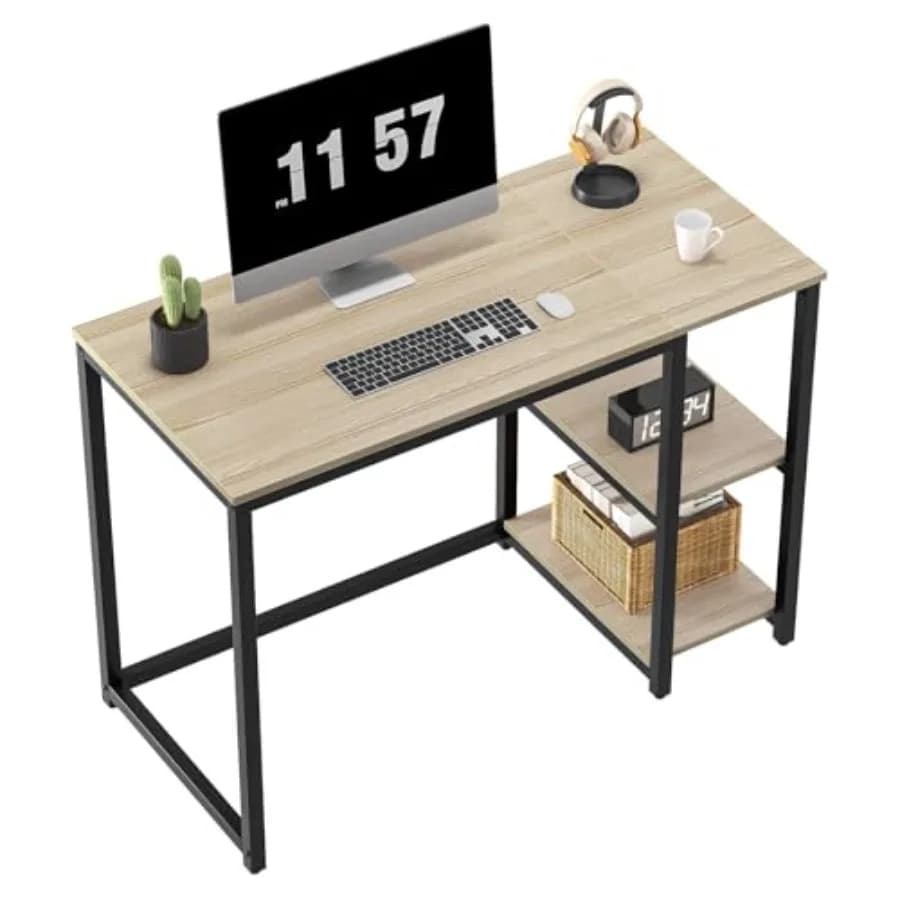 Scrivania per Computer da 40'' con Ripiani, Robusta Scrivania in Legno Chiaro con Spazio di Archiviazione, Moderna Scrivania da Gaming, Tavolo per Studio e Scrittura, Tavolo per Laptop Beige