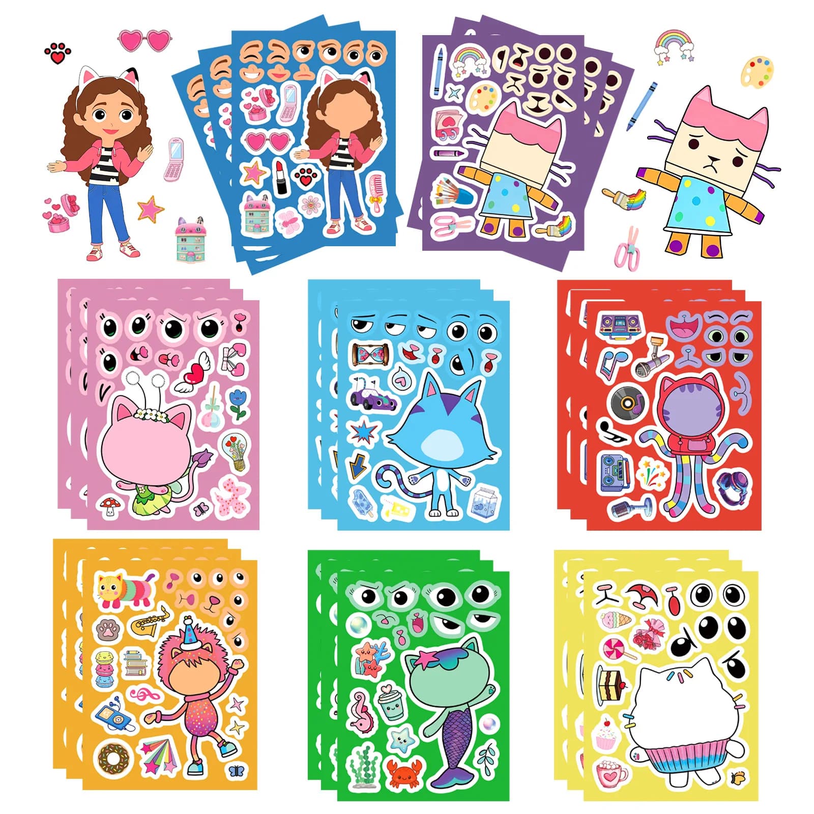 8/16 Fogli di Adesivi Puzzle 'Crea la Tua Faccina' di Gabby's Dollhouse, Gioco Fai-da-Te per Bambini, Giocattoli Educativi con Cartoni Animati