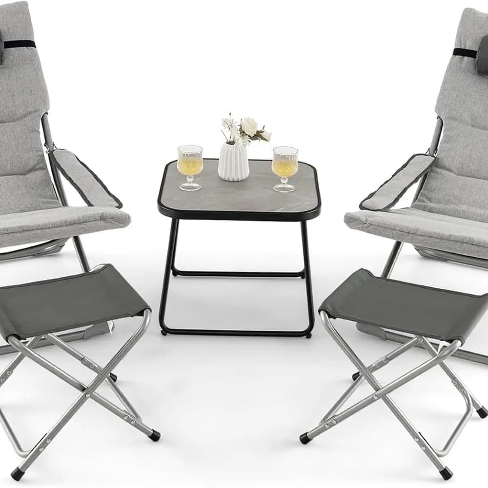 Set di sedie da giardino pieghevoli per esterni grigie con pouf, cuscini e poggiatesta rimovibili, poltrone reclinabili portatili per giardino o