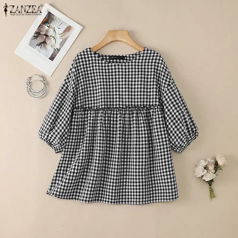 Camicetta a quadri estiva 2026 ZANZEA da donna, girocollo, manica corta, top a quadretti, elegante, casual, ampia, per le vacanze, camicia da lavoro femminile OL