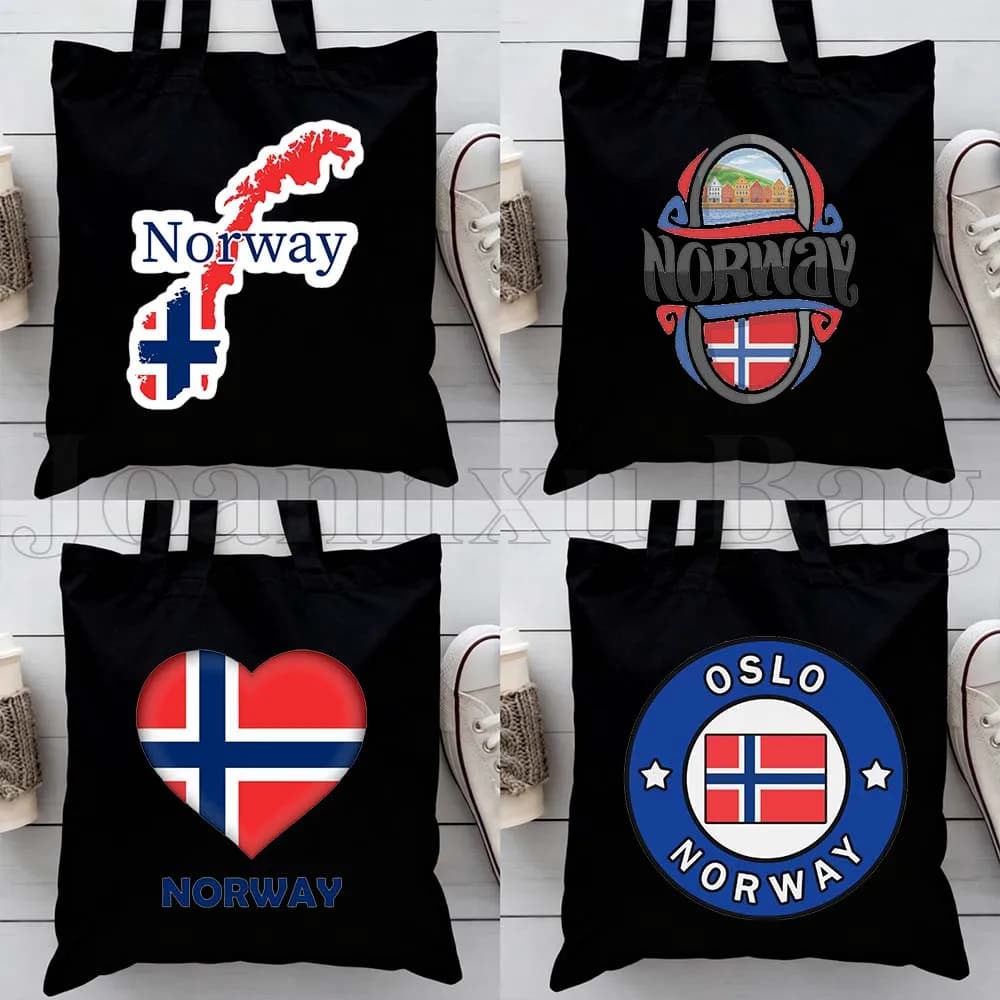 Borsa shopper in tela riutilizzabile con bandiera e mappa della Norvegia, iconi norvegesi, regali per donna, borsa a tracolla per la spesa