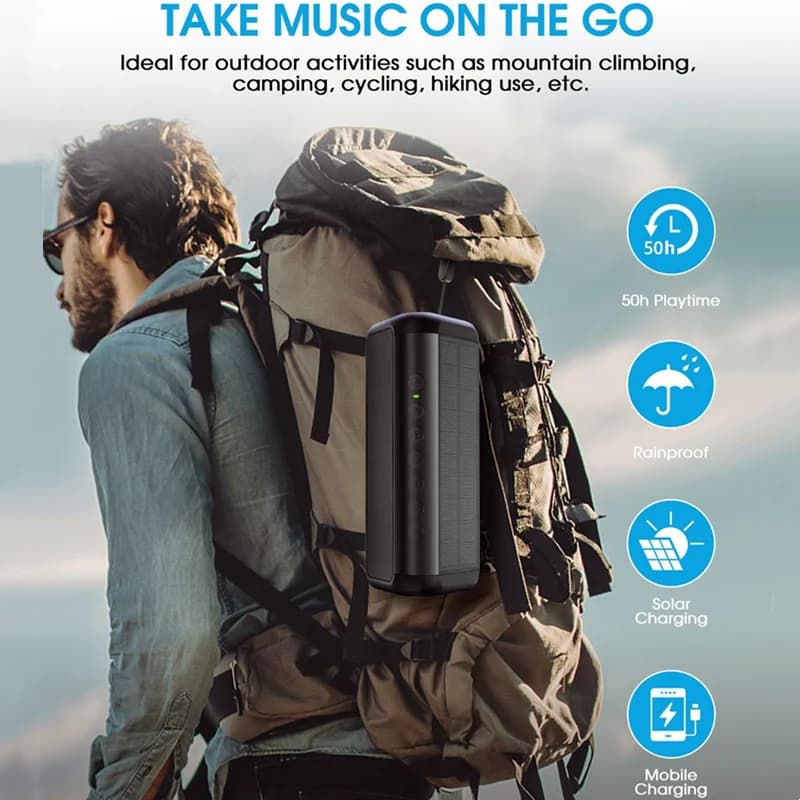 Altoparlante Bluetooth portatile ad energia solare HiFi Batteria da 5000 mAh Supporto per banca di alimentazione di emergenza Scheda TF Ingresso AUX per campeggio all'aperto