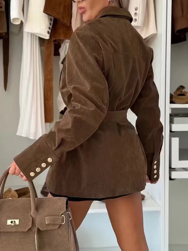 Fashion Lapel Single breasted Trench Women's Casual Matching Belt Solid Midi Jackets Elegant Pocket Long Sleeves Corduroy Coats