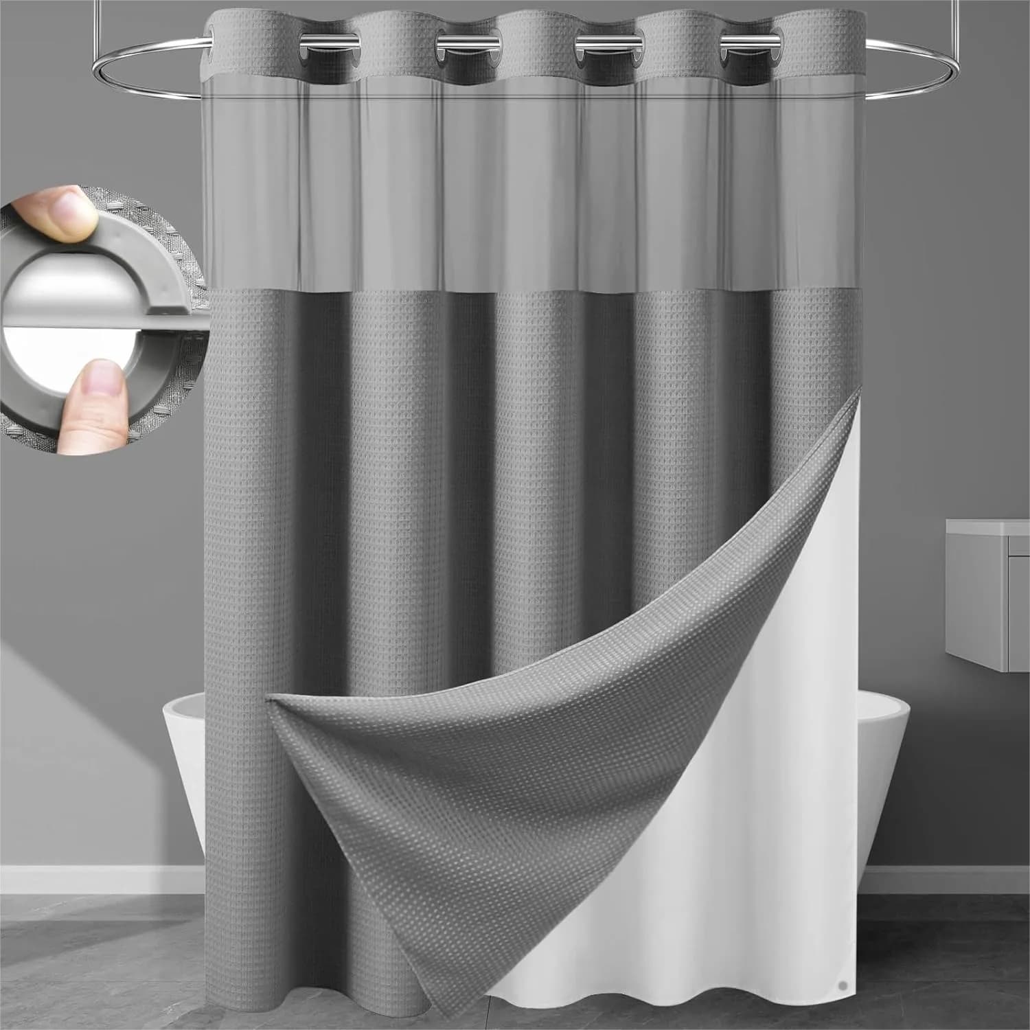 Heavyweight Waffle Weave Shower Curtain with Snap-in Liner, Extra Thick 256GSM Fabric Bath Curtain Set, 71x74 Inches, Grey