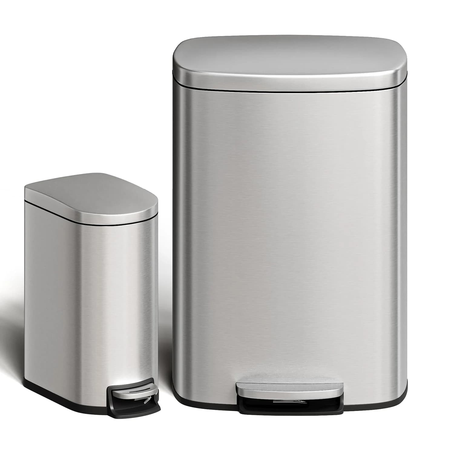 Combined set of durable kitchen waste bins with pedal opening, 50L+10L, stainless steel, with removable interior buckets for kitchen and bathroom