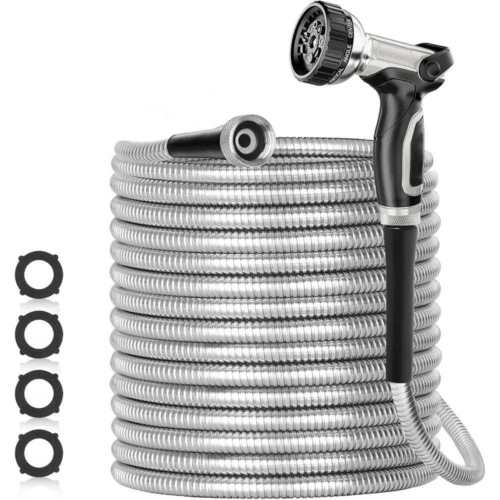25ft 304 Stainless Steel Metal Garden Hose with Nozzle | Puncture Resistant, Flexible, Never Kink & Heavy Duty Water Pipe for Ya