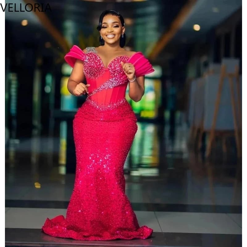 Red Shiny Red Siren Evening Dress With Volant On Shoulder With Beaded formal dance dress African Wedding Dress Strong Sizes Custom