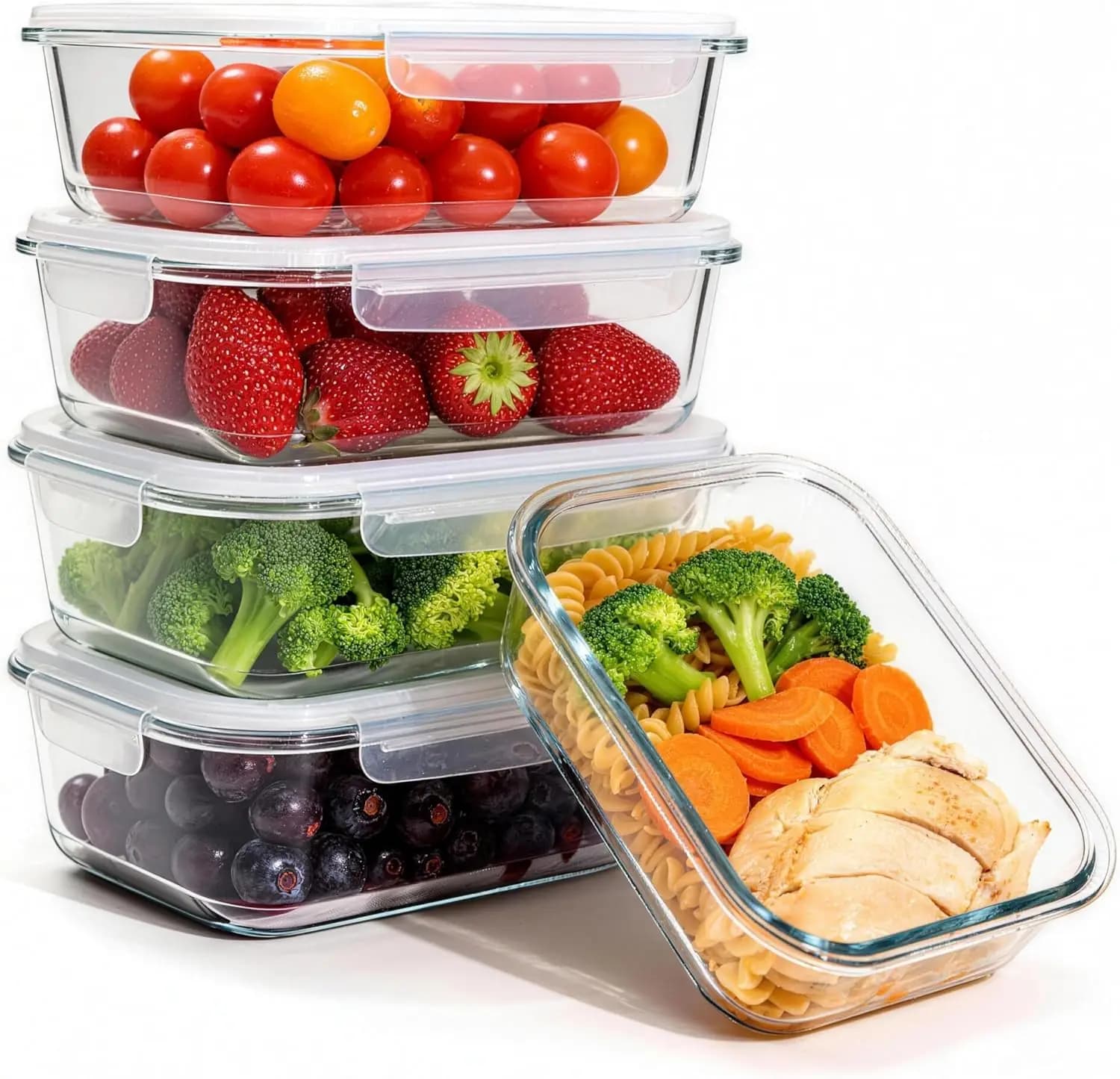 Set di 5 Contenitori in Vetro per Alimenti - Contenitori Ermetici con Coperchio, Scatole per Preparazione Pasti, Contenitori Bento per Pranzo, Conservazione Alimenti