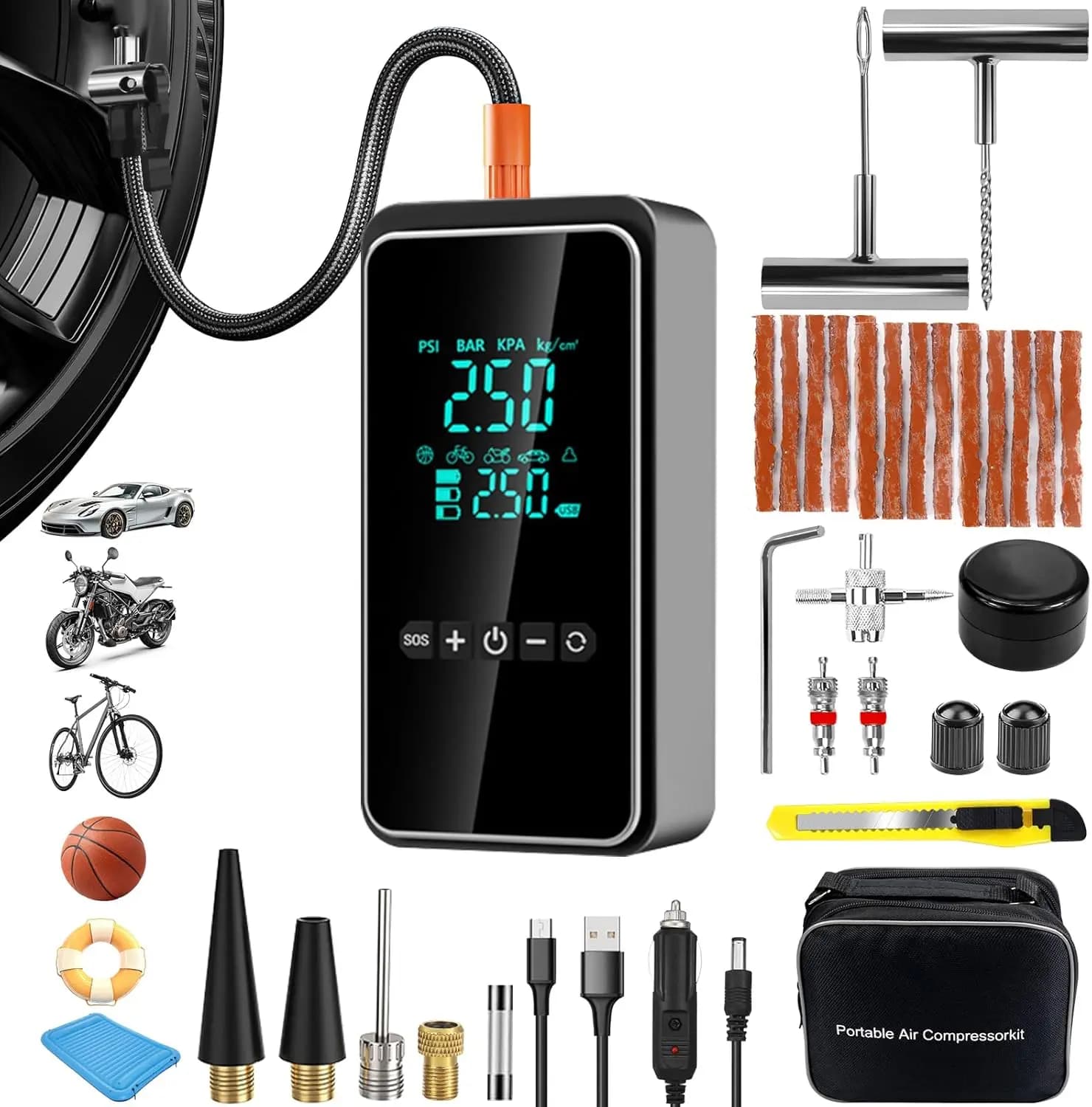 Pompa d'aria senza fili portatile per gonfiaggio pneumatici 150PSI con kit di riparazione, doppio display LCD per auto, bici, moto