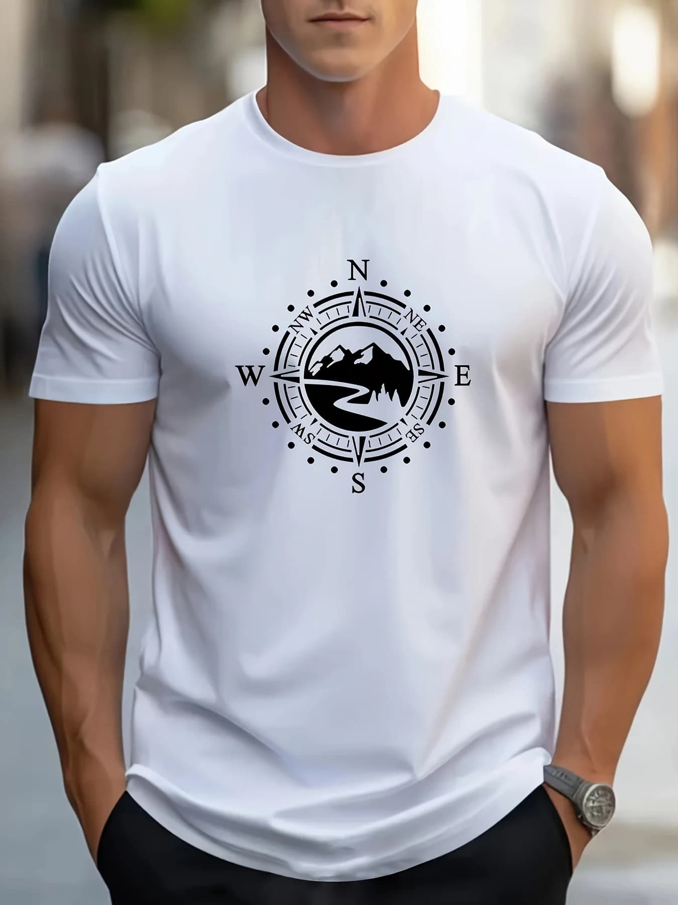 T-shirt da uomo estiva casual allentata con motivo a bussola grande stampato sportivo comoda girocollo a maniche corte