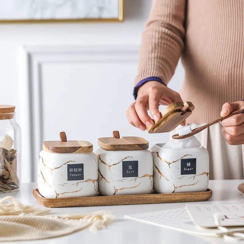 set di barattoli per condimenti opachi da cucina, scatola per condimenti combinata per uso domestico in ceramica marmorizzata, bottiglia per condimenti per sale e zucchero