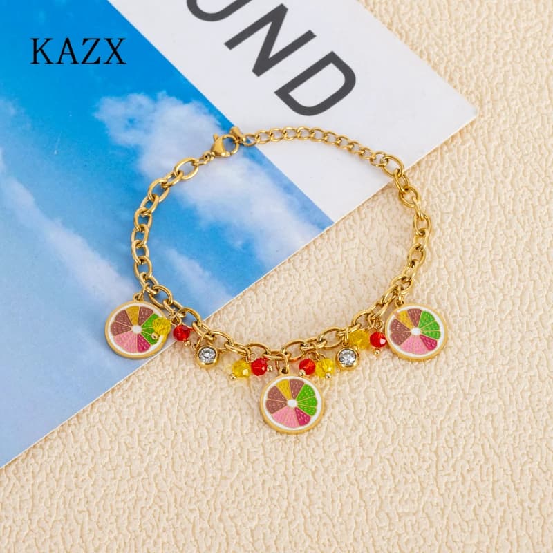 KAZX Cute Summer Fruit Charm Bracelet Gold Stainless Steel with Lemon Slice Enamel Pendant Chain Beach Party Jewelry