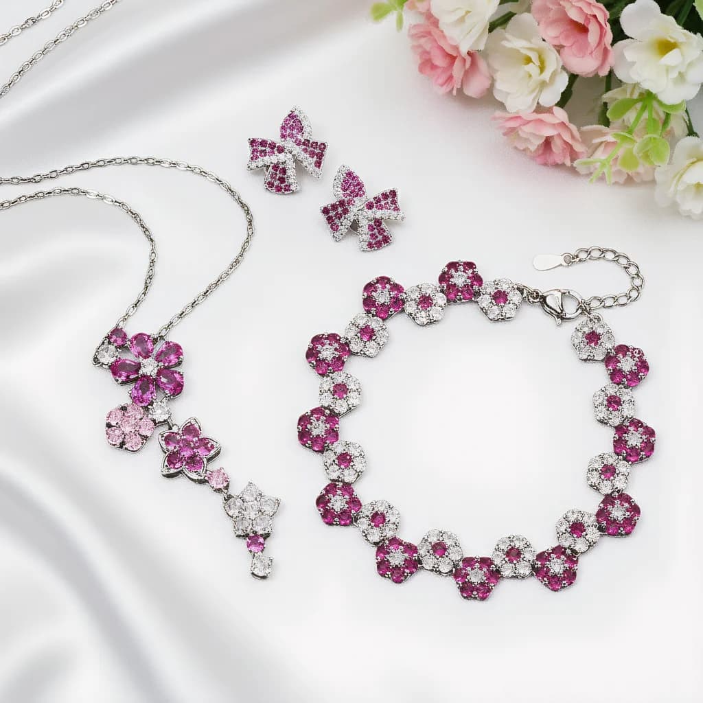 4 pezzi set di gioielli eleganti alla moda per le donne corindone rosso zircone collana di fiori girocollo in cristallo lucido orecchini da sposa da sposa festa
