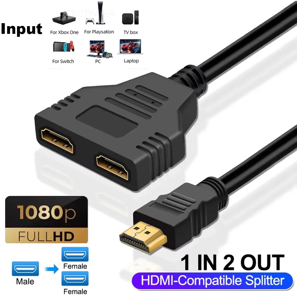 HDMI 1080P 1 compatible splitter cable in 2 outputs for XBox/PS4/PS3/DVD/PC/Laptop/TV 2 accessories HDMI splitter adapters double port