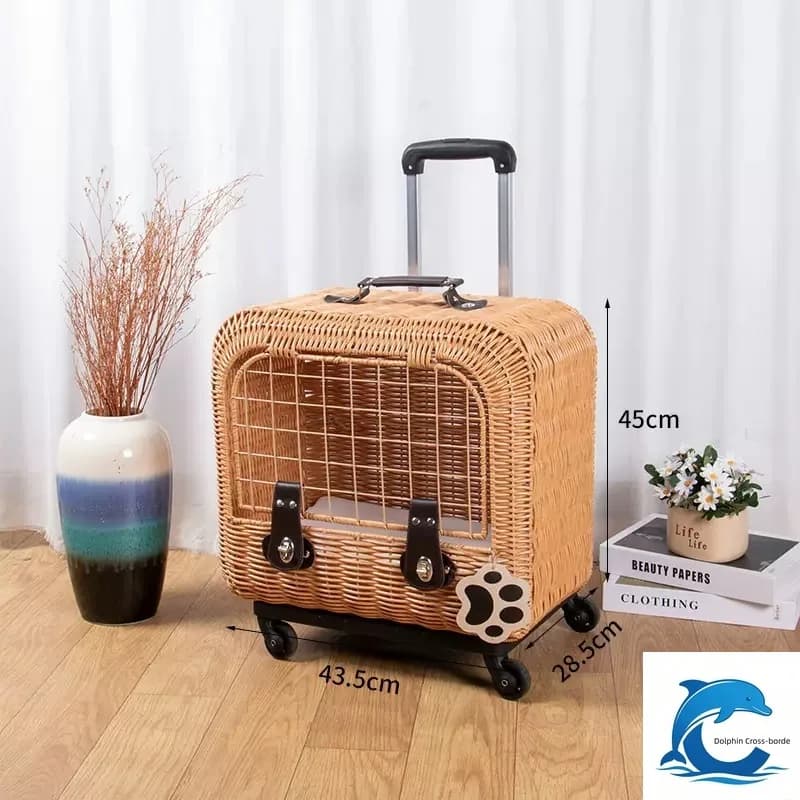 Applicable to Rattan cat carrier with wheels, portable pet travel case, cat bed, air/car-friendly creative cage.