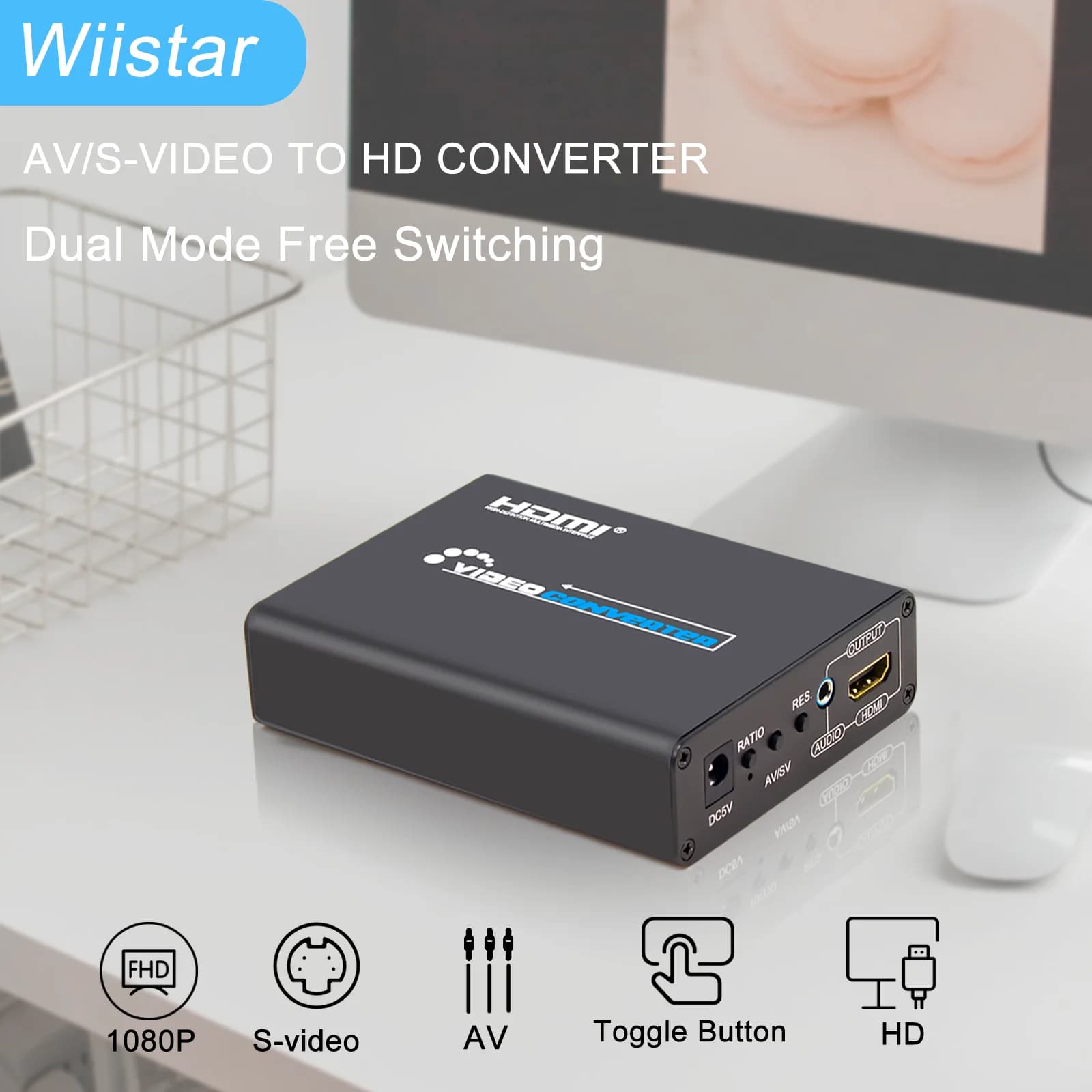 Convertitore Wiistar AV+S-VIDEO a HDMI Adattatore video HD 1080P/720P per DVD/PS2/WII/XBOX360 con uscita audio e interruttore rapporto di ispezione