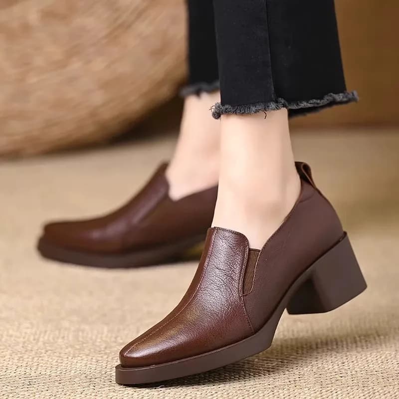 Women's Leather Shoes 2025 New Style Autumn Chunky Heel High Heels Single Shoes The Fu Women's Shoes With Soft Sole