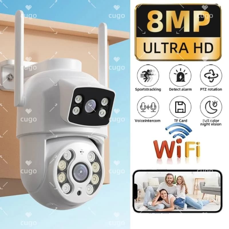 Telecamera IP WiFi 8MP con Doppia Lente per Esterni, Zoom Digitale 10X, PTZ 4K, Rilevamento Umano, Visione Notturna, Monitor per Bambini