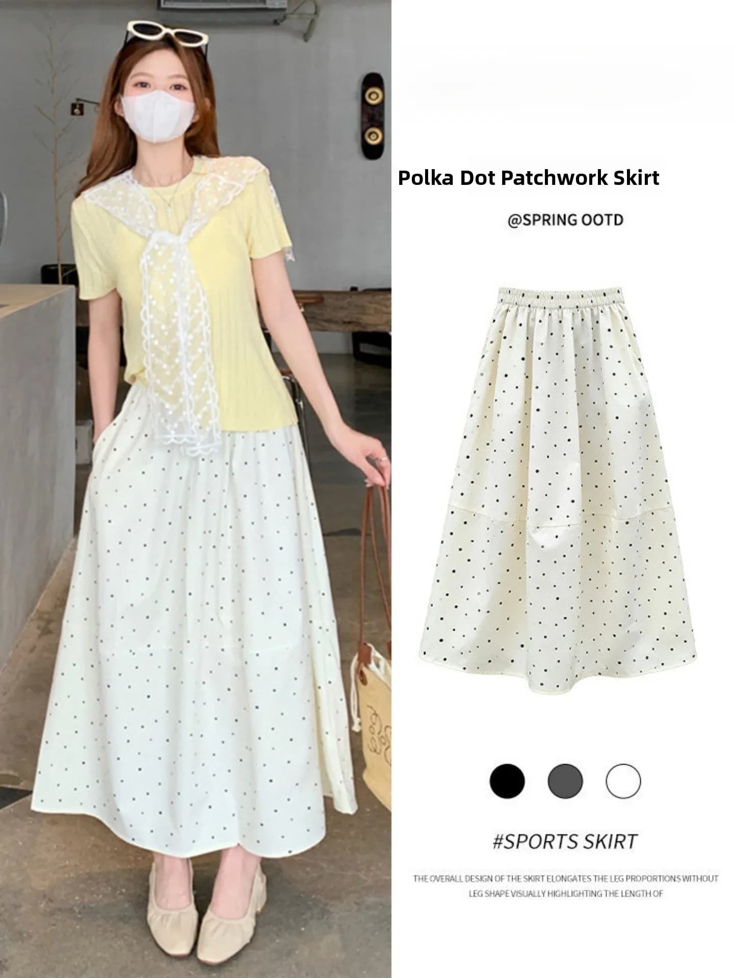 Gonna a pois bianca a vita alta a trapezio, gonna a ombrello midi estiva da donna, nuovo stile, effetto snellente, stile coreano, abbigliamento casual