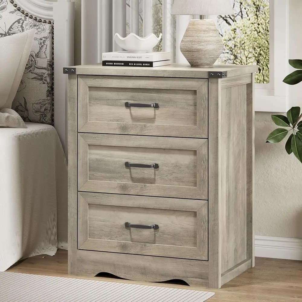Comodino rustico in legno da 24'' con maniglia in metallo, 3 cassetti, adatto per camera da letto, soggiorno, dormitorio, grigio