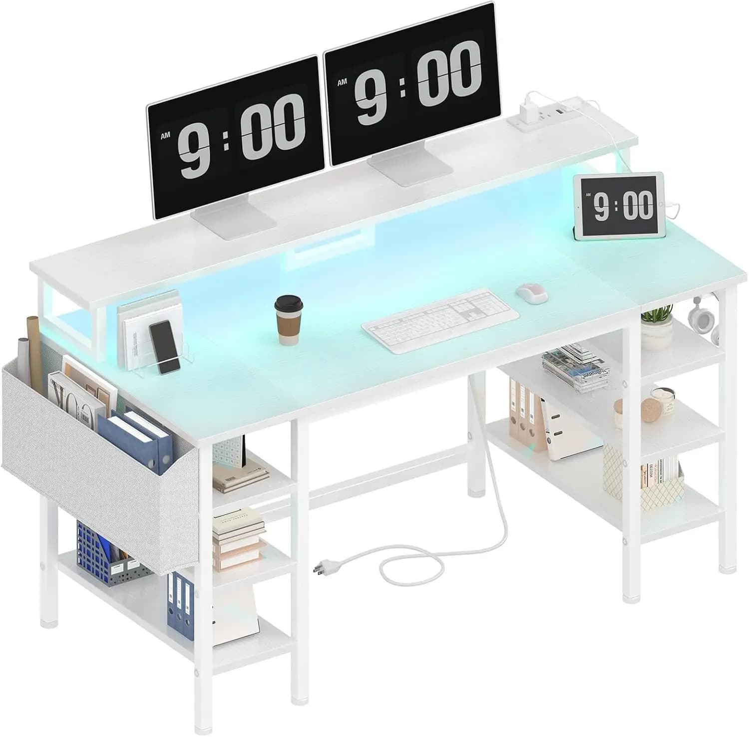 White desk with storage shelves - 47 inch home office desk with monitor support, computer desk with LED lights and power supply