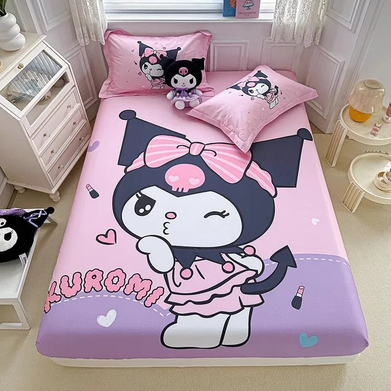Simpatico lenzuolo con angoli Kuromi, set copripiumino kawaii con federe, morbida biancheria da letto in poliestere per la decorazione della cameretta dei bambini