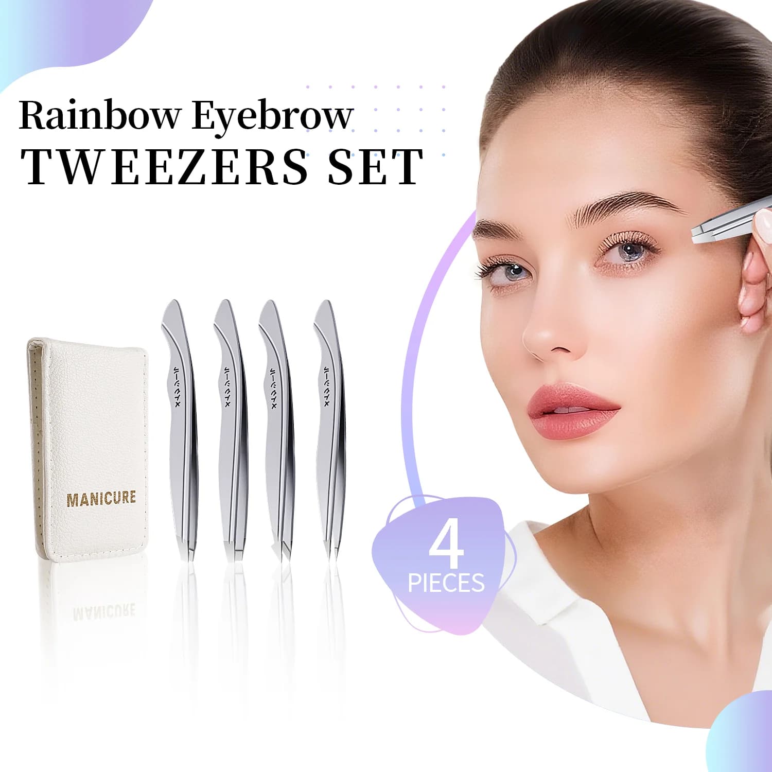 4Pcs Grey Eyebrow Tweezers Set Precision Plucking With White Foldable Storage Bag With Mirror Daily Makeup Simple Beauty Tool