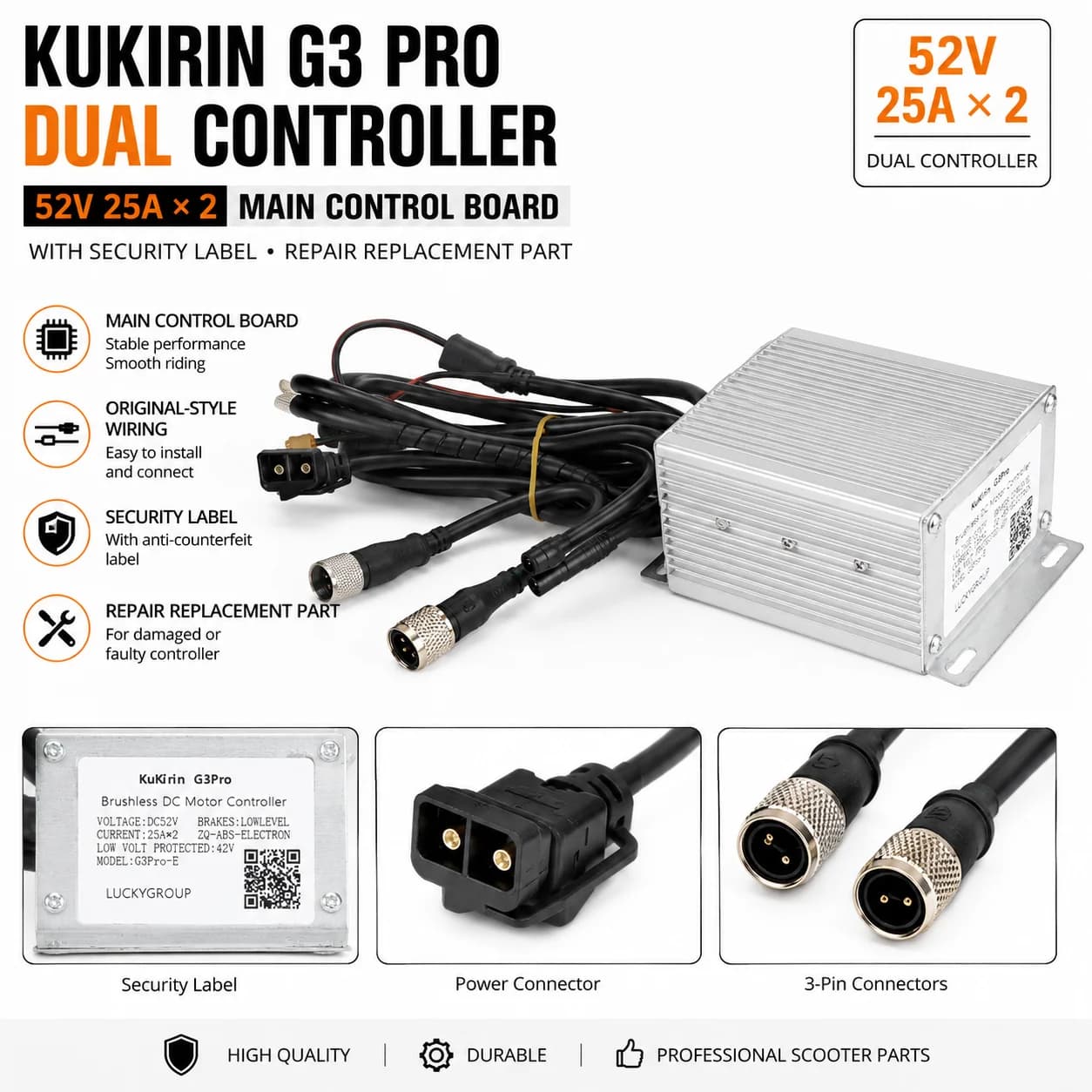 52V 25A Dual Controller for KuKirin G3 Pro Electric Scooter, Main Control Board with Security Label Repair Replacement Part