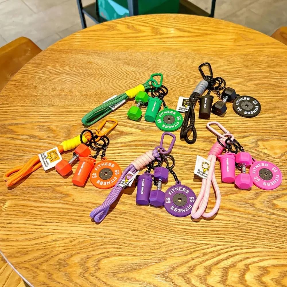Keyring with barbell discs, kettlebells, burrs and simulated handlebars, Dopamina style, detachable, creative, Fitness series