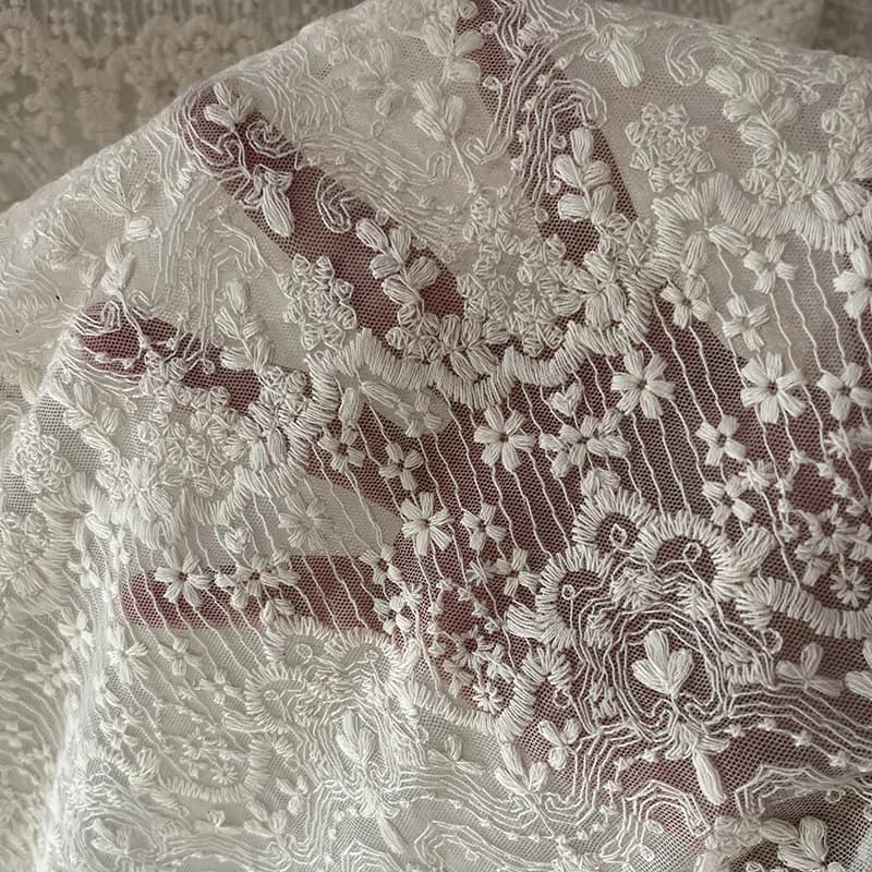 130cm Wide Premium Apricot Cotton Embroidered Lace & Floral Mesh Trim Fabric for Wedding Dresses and Gowns