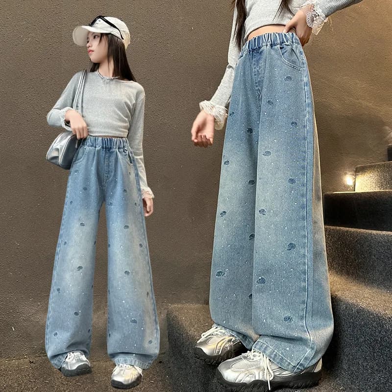 Nuovi jeans dritti con strass per bambini con fiori ricamati per pantaloni in denim primavera autunno moda ragazza per bambini 5-14 anni