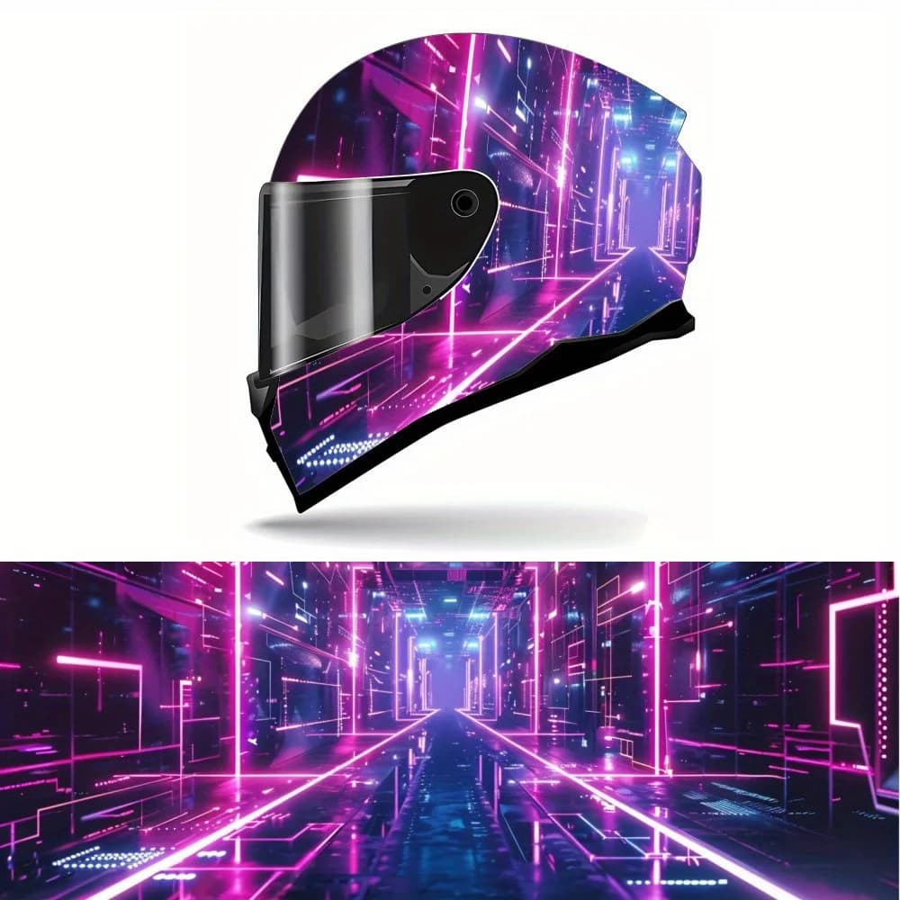 Decalcomanie per casco integrale con motivo paesaggio urbano viola e neon - PVC resistente e impermeabile, casco da corsa per moto autoadesivo